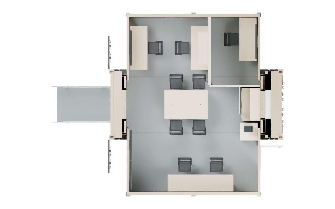 Top-down example C-FORTS command layout with shared workstations, a center table, a separate office and support space