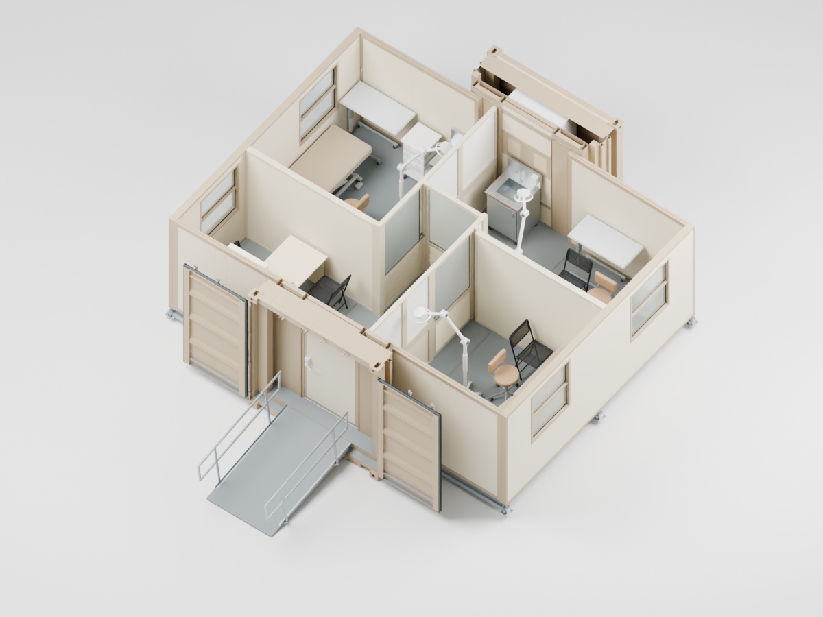 C-FORTS clinic layout with three examination rooms, sinks and a staff workspace
