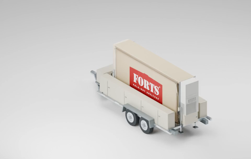 Illustrative FORTS 38 folded shelter on its mechanical Mobilizer trailer